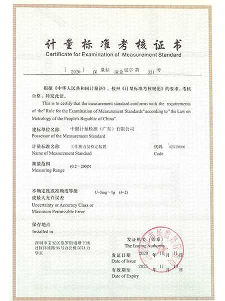 中健計量-測力儀建標證書